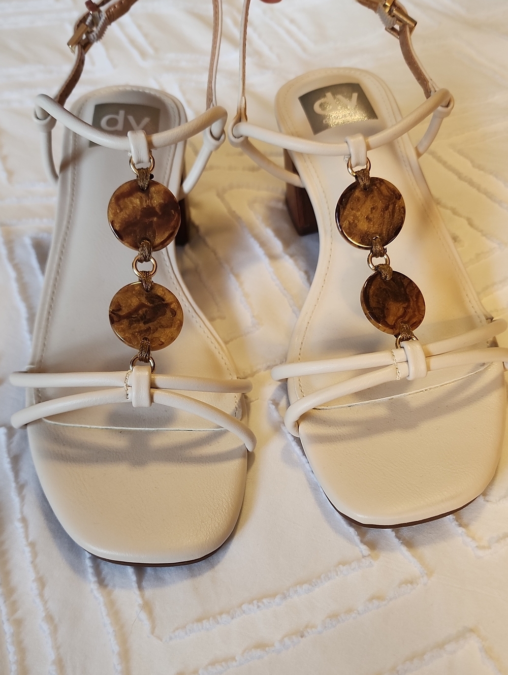 DV by Dolce Vita Cream T-Strap Sandals with Brown Disc Accents
